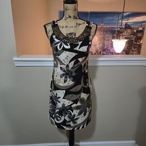 Floral Sleeveless Dress with Beaded Neckline